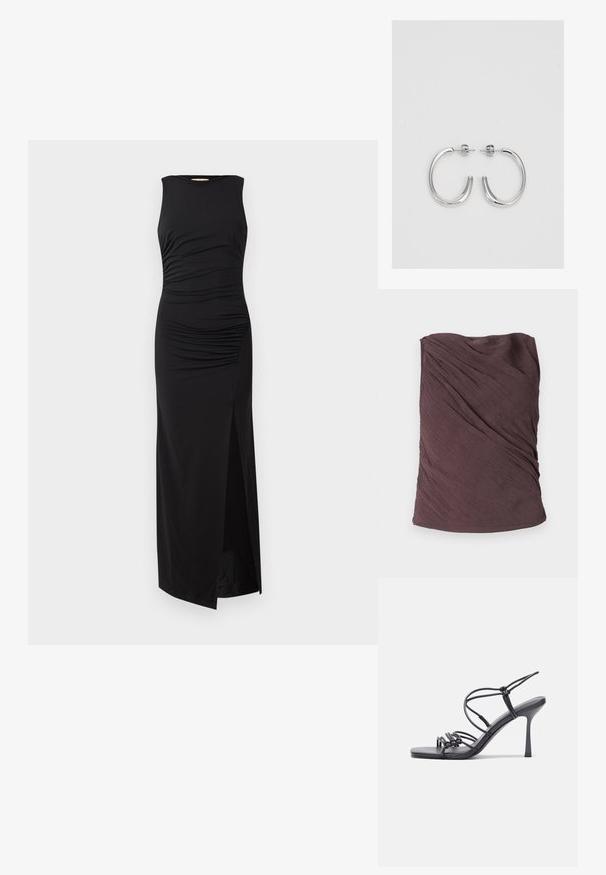 Samsøe Samsøe VIRA - Débardeur - raisin; Robe maxi noire sans manches avec des détails froncés au niveau du corsage et une fente haute sur un côté. Fabriquée en tissu lisse et extensible.; Des sandales noires à talons hauts avec des fines lanières au design noué, un bout carré lisse et un talon aiguille élégant.; Sac à main en métal gris clair avec une bandoulière en chaîne, orné de petits clous métalliques ronds et d'un logo de marque triangulaire.; Boucles d'oreilles créoles en argent avec une surface lisse et brillante, présentant une forme incurvée et une fermeture à tige. Design minimaliste avec une finition moderne.