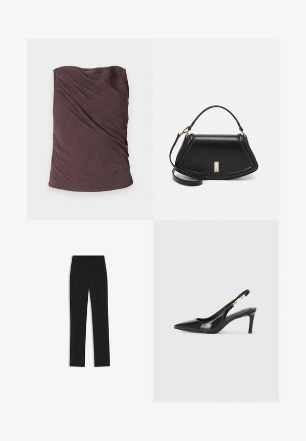 Samsøe Samsøe VIRA - Top - raisin; Pantaloni neri su misura con un design a gamba dritta, dotati di tasche frontali e un tessuto liscio e strutturato. Dettagli ordinati e minimalisti.; Scarpa nera in pelle con tacco alto e cinturino alla caviglia, punta affusolata, superficie liscia e dettagli in metallo dorato.; Borsa a mano in pelle nera con un design strutturato, caratterizzata da una forma corta, manico superiore e accessori in metallo dorato. Inclusa tracolla regolabile.