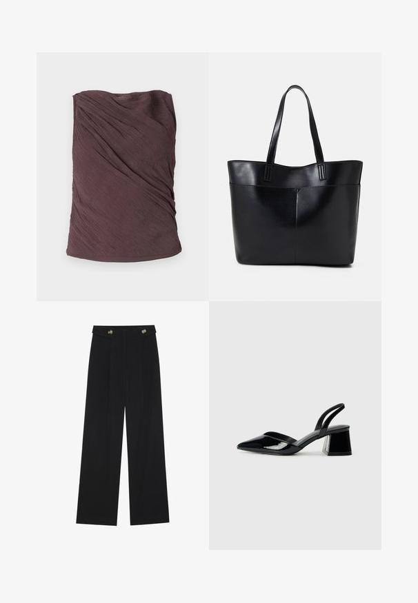 Samsøe Samsøe VIRA - Top - raisin; Schwarze weite Hosen mit hoher Taille, Knopfdetails am Bund und vorderen Falten.; Schwarze Lackleder-Slingback-High Heels mit spitzem Schuh und einem geometrischen Blockabsatz. Verfügt über ein schlankes, minimalistisches Design und eine glatte Textur.; Schwarze Leder-Shopper-Tasche mit zwei langen Griffen, einer glatten Textur und einer strukturierten Form. Verfügt über eine Vordertasche für zusätzlichen Stauraum.