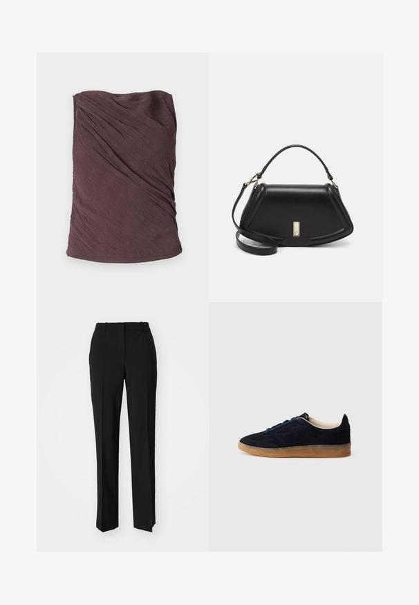 Samsøe Samsøe VIRA - Top - raisin; Black tailored trousers with a straight-leg design, featuring a smooth texture and crisp creases along the front. No visible hardware.; Navy suede sneaker with a gum rubber sole, blue laces, and minimalist design. Features embossed logo on the side and smooth inner lining.; Black leather handbag with a structured design, featuring a cropped shape, top handle, and gold hardware accent. Adjustable shoulder strap included.