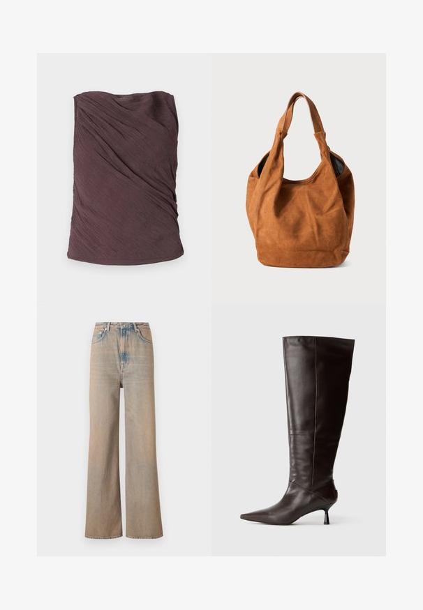 Samsøe Samsøe VIRA - Top - raisin; Lichtgekleurde wijde jeans met een hoge taille, gemaakt van denim. Voorzien van subtiele stiksels en vijf zakken, met een licht vervaagde textuur.; Bruine leren kniehoge laarzen met een puntigere neus en een slanke hak. Glad textuur en een strak ontwerp, met een minimalistische silhoutte.; Bruine suède schoudertas met een zachte textuur, gebogen vorm en twee handvatten. Heeft een minimalistisch ontwerp zonder zichtbare hardware of accenten.