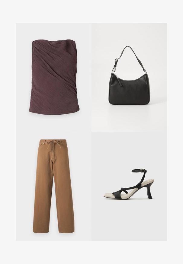 Samsøe Samsøe VIRA - Tops - raisin; Brūni plaši bikses, izgatavotas no kokvilnas, ar auklu viduklī un divām priekšējām kabatām. Iekšējais audums ir strukturēts, bet ārējais - gluds.; Melnas augstpapēžu sānijas ar pinuma siksnu dizainu, kvadrātveida purngali un regulējamu potītes siksnu. Gaismas beidzamais kāju paklājiņš ar spīdīgu melnu papēdi.; Melnas ādas rokassomu ar izliekta formu, vienu siksnu, ar rāvējslēdzēju aizdari un diskrētu zīmolu uz priekšpuses. Gluda tekstūra, minimālisma dizains.