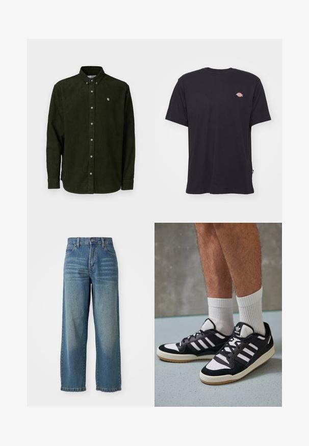 Carhartt WIP MADISON SHIRT - Ing - tarragon; Fekete pamut póló rövid ujjakkal, kerek nyakkivágással és kis színes logóval a bal mellrészen. Egyenes szegéllyel rendelkezik.; Világoskék farmer széles lábú nadrág magas derekú fazonnal, öt zsebbel és enyhén kopott hatással. Gombbal és cipzárral záródik.; Fekete-fehér tornacipők velúr és bőr felsőrésszel, három fehér csíkkal, perforált orral és gumi talppal.