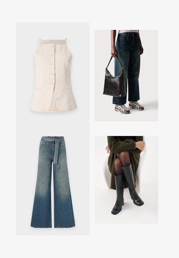Haut sans manches beige avec une coupe droite, fermeture à boutons sur le devant et deux poches latérales. Fabriqué en tissu lisse avec un design structuré.; Pantalons en denim à jambe large présentant un dégradé de bleu clair à bleu foncé, taille haute, passants de ceinture et une ceinture en tissu assortie. Finition en denim texturé.; Bottes en cuir noires arrivant au genou, avec un bout carré et un talon carré, présentées sur un modèle assis dans un manteau vert olive. Texture lisse, détails minimaux.; Sac à bandoulière en cuir noir avec une texture lisse et une bandoulière réglable, associé à un jean ample décoloré et des baskets de sport.