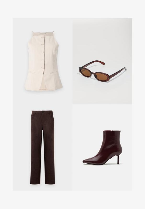 Beige mouwloos topje met een rechte snit, voor sluiting met knopen en twee zijzakken. Gemaakt van gladde stof met een gestructureerd ontwerp.; Rechtdoorgaande donkerbruine suede broeken met voorknop- en ritssluiting, riemlussen en zijzakken.; Bordeaux patentleren enkelboot met een spitse neus en een slanke stilettohak, met een gladde, glanzende textuur en een minimalistisch ontwerp.; Ronde, bruin getinte zonnebril met een glanzend bordeauxrood frame. Slanke pootjes met subtiele merkdetails. Vlakke lensontwerp.; Geel geplooide handtas van soepel nepleer, met een zachte vorm, een enkele schouderriem en een verzameld ontwerp aan de bovenkant.