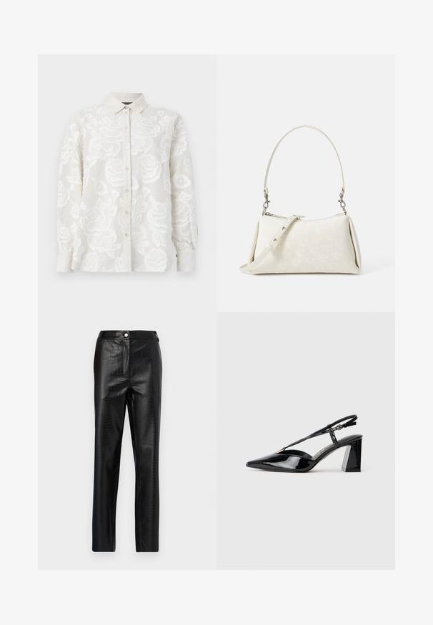 Hvit brodert bluse med blomstermønster, knappelukking foran og lange ermer. Har et strukturert stoff og standard krage.; Sorte fake skinnbukser med krokodillemønster, slim fit, design med rette ben, med knappelukking foran og standard liv.; Sorte lakkormede slingback høye hæler med spiss tå, justerbar stropp og kraftig rektangulær hæl.; Hvit håndveske med glatt tekstur, buet silhuett og justerbar skulderrem. Har et subtilt logomønster og sølvfargede detaljer.