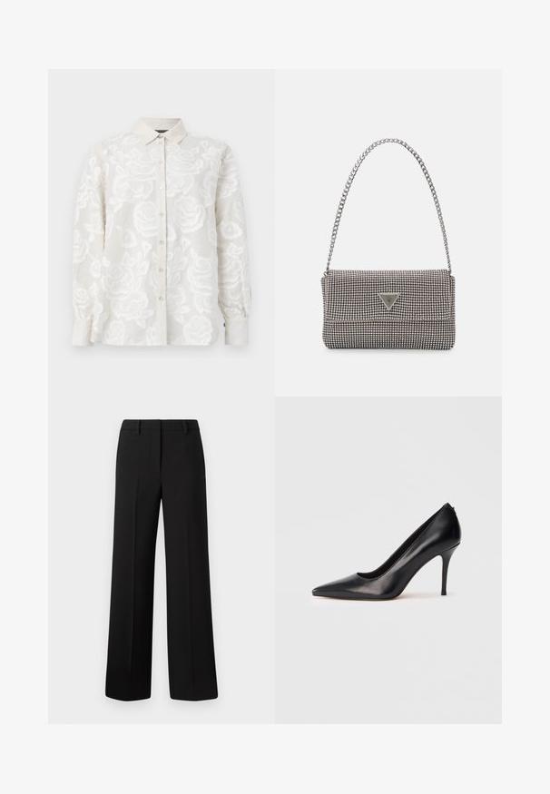 Bluză albă brodată cu un model floral, cu deschidere frontală cu nasturi și mâneci lungi. Prezintă o țesătură texturată și un guler standard.; Pantaloni negri cu picioare lejere, confecționați dintr-un material neted, având o croială ajustată, bucle pentru curea și fără modele sau aplicații vizibile.; Pantof cu toc înalt din piele neagră, cu vârf ascuțit, textură netedă și design elegant. Are un toc subțire și înălțat și un front decupat adânc.; Geantă metalică gri deschis, cu un strap din lanț, decorată cu mici ținte circulare metalice și un logo de marcă triangular.