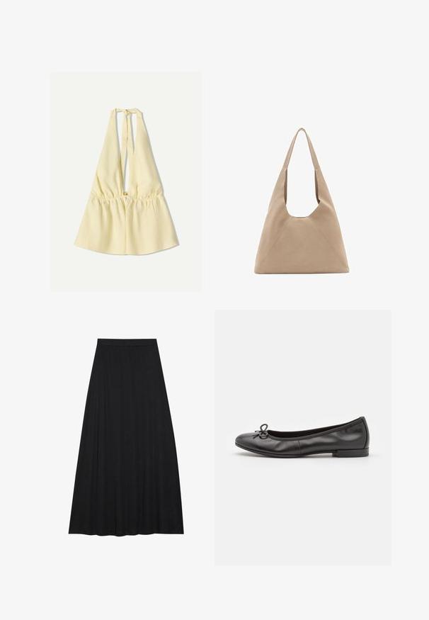 Žuta halter top s elastičnim strukom, s dubokim V izrezom i vezicama na vratu. Glatka pamučna tekstura.; Crna maksi suknja izrađena od mekanog, lepršavog materijala. Ima elastičnu struk i pun, A-linijski kroj s glatkom teksturom.; Crne kožne baletanke s okruglim vrhom, malom mašnom sprijeda i niskim kvadratnim potpeticama. Glatka tekstura.; Bež torba od tkanine s jedinstvenim trokutastim oblikom, širokim naramenicama i vidljivim detaljima šavova za dodatnu strukturu.