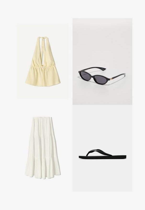 Gul halterneck-topp med elastisk midja, med en djup V-ringning och knytning i nacken. Slät bomullstextur.; Vit maxikjol med en flerlagrad design, tillverkad av lätt tyg. Har en elastisk midja och delikata sömnadsdetaljer.; Svart gummislip-in sandal med ett texturerat rem och enkel platt sula, visas från sidan på en enkel ljus bakgrund.; Svarta solglasögon med ovala linser, mörk gradienttoning och smala skalmar med subtila guldaccenter. Slät plastfinish.