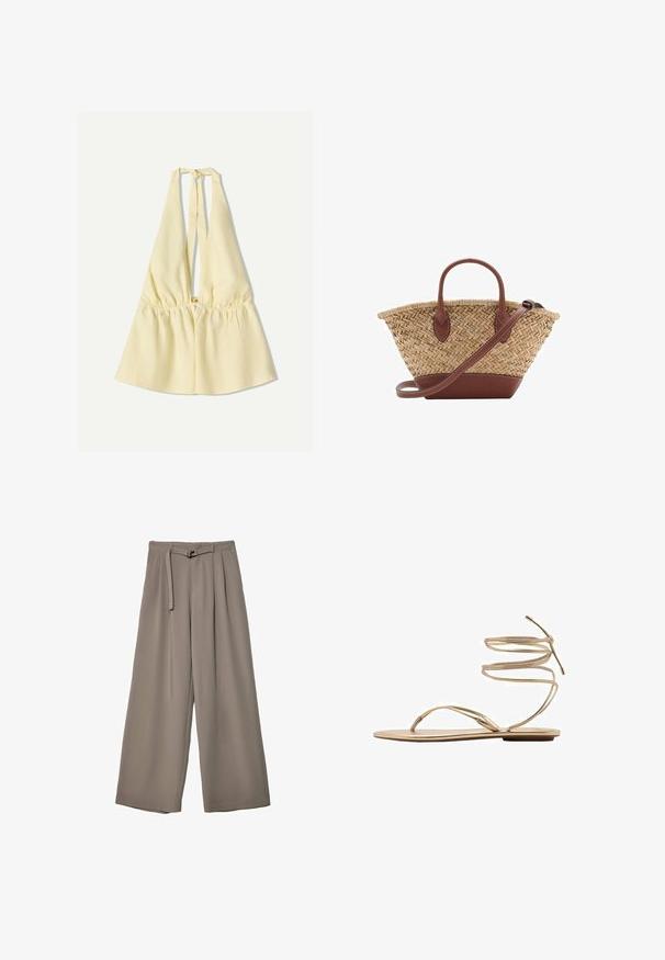 Žuta halter top s elastičnim strukom, s dubokim V izrezom i vezicama na vratu. Glatka pamučna tekstura.; Široke hlače u mekoj, prigušenoj sivoj tkanini, s remenom na struku i plisiranim detaljima za dodatni dizajn. Glatka tekstura, bez uzoraka.; Zlatne ravne sandale s tankim spiralnim remenovima oko gležnja, otvorenim prstima i minimalističkom đonom. Imaju glatku, metalik završnicu.; Woven straw basket torba s smešnim kožnim detaljima, dva ručka i odvojivim remenom. Savijen oblik s čvrstim dnom.