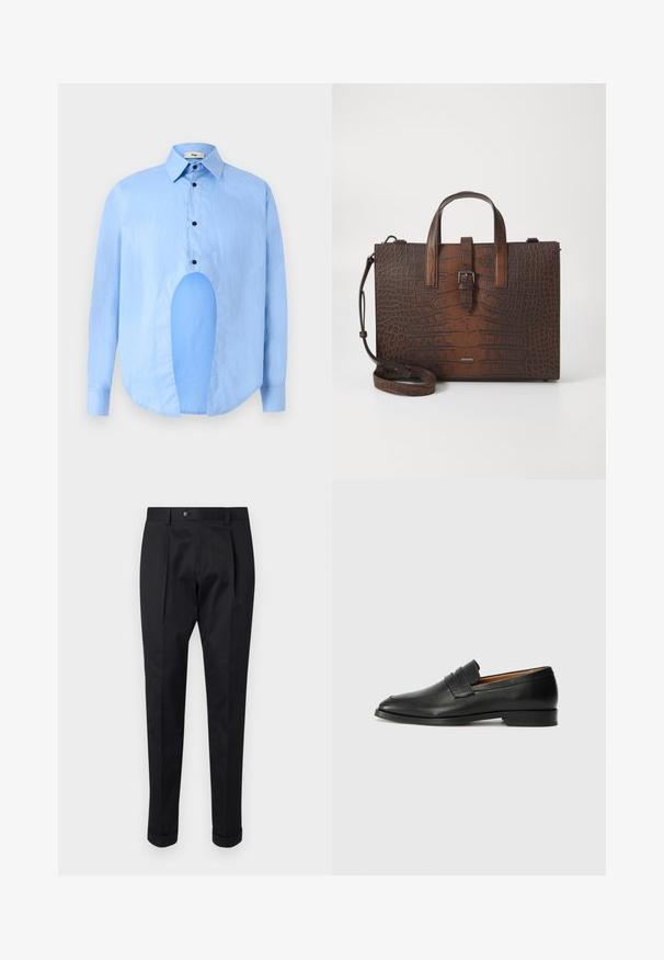 Šviesiai mėlyna ilgarankovė marškiniai su smailiu apykakle, juodais mygtukais ir unikaliu išpjovimu priekyje, kuri suteikia išskirtinį dizainą.; Juodos kelnės pagamintos iš lygaus audinio, su raukšle priekyje, mygtuko uždarymu ir suknežintomis rankovėmis ties kulkšnimi.; Juodas odinis loaferis su apvaliu nosiu, subtiliomis siuvimo detalėmis ir žemu kulnu, pasižymintis lygia tekstūra ir minimalistiniu dizainu.; Rudos krokodilo rašto odos rankinė su viršutinėmis rankenomis ir nuimamu peties dirželiu. Yra sagties užsegimas ir stačiakampis pavidalas.