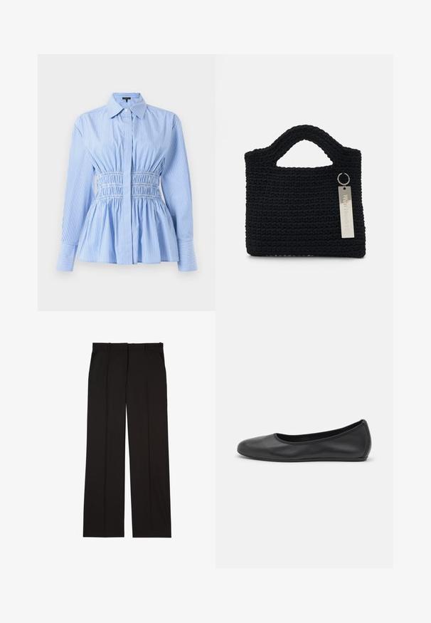 Mėlynos ir baltos juostelės marškiniai su prigludusia liemene, peplumo apačia, pilno ilgio rankovėmis, mygtukų užsegimu ir klasikinėmis apykaklėmis. Pagaminta iš audinio.; Juodos pritaikytos kelnės, pagamintos iš lygaus audinio, su tiesiomis kojomis ir dviem šoniniais kišenėmis. Elegantiška ir minimalistinė konstrukcija.; Juodai odiniai baletai su apvaliu pirštu, lygi texture, minimalus siuvimo detales ir lanksčiu padų dizainu.; Won Hundred MARSIELLE COMPUTER BAG UNISEX - Nešiojamojo kompiuterio krepšys - black