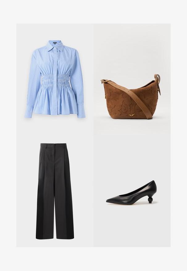 Kék és fehér csíkos ing, passzos derékrésszel, peplum fazonú szegéllyel, teljes hosszúságú ujjal, gombos elülső résszel és klasszikus gallérral. Anyaga: textil.; Fekete, bő szárú nadrág magas derékkal, elöl plissékkel, sima felülettel és igényes kidolgozással. Kényelmes viseletre tervezve.; Fekete bőr magassarkú cipő, hegyes orral és kerek, gömbölyű sarokkal. Simább textúrával, elegáns, minimalista dizájnnal.; Barna velúr válltáska, dombornyomott virágmintával, sima barna bőrpánttal és arany színű fém kiegészítőkkel.