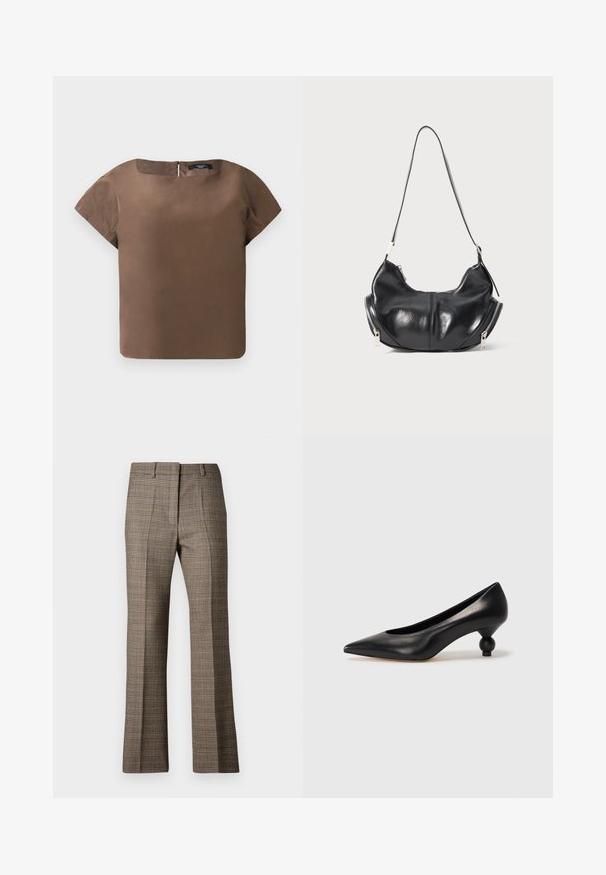 Pruun lühikeste varrukatega topp, millel on ümmargune kaelus ja seljal tõmblukk. Valmistatud siledast kangast, millel on puhas ja kastiline siluett ning ilma mustriteta.; Pruunist ruudulisest kangast püstise sääremuudega püksid, millel on tekstureeritud kangas ja peened beeži ning tumedamate pruunide tooni mustrid.; Must musta kõrge kontsaga king, millel on terav nina ja ümar, pallikujuline konts. Sile pind ja elegantne, minimalistlik disain.; Must musta kuju õlaline kott, millel on hõbedased tõmblukud mõlemal küljel ja üks rihm.