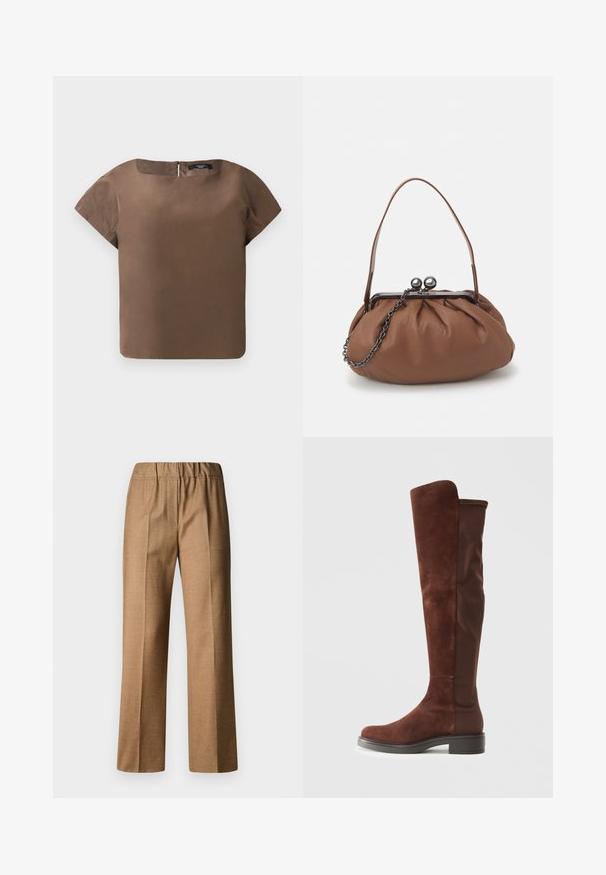 Bruine top met korte mouwen en een ronde halslijn en rits aan de achterkant. Gemaakt van een gladde stof, met een strakke, boxy silhouet en zonder patronen.; Bruine, gestructureerde broek met een relaxte pasvorm, voorzien van een brede pijp en een elastische tailleband. Op maat gemaakte stijl met plooien aan de voorkant.; Hoge bruine suède en stoffen laarzen met een lage zwarte hak en een ronde neus, zichtbaar in zijaanzicht op een effen witte achtergrond.; Bruine leren handtas met een geplooid ontwerp, een korte leren handgreep en een kettinghengsel. Voorzien van een zilveren metalen sluiting met twee ronde accenten.