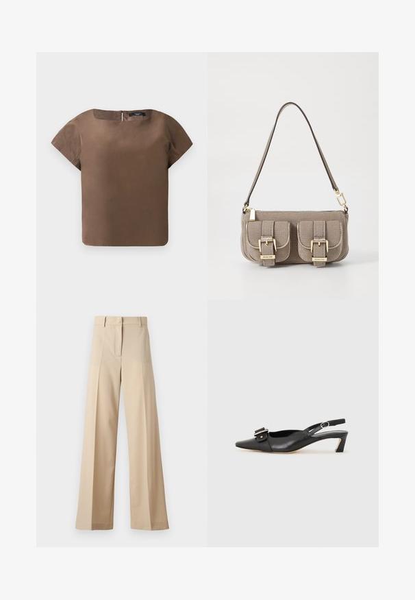 Barna, rövid ujjú felső, lekerekített nyakkivágással és hátsó cipzárral. Simás anyagból készült, tiszta, boxy sziluettel és minta nélkül.; Beige színű, bő szabású nadrág sima anyagból, lapos elejével, redőkkel, cipzáras záródással és övhurkokkal. Összességében testreszabott szabású.; Fekete bőr szandál kis sarkú, hegyes orral, díszes csattal a felsőrészen. Simább textúra, minimalista design.; Beige textúrájú kézitáska állítható pánttal, két elülső zsebbel, amelyek csattal záródnak, és arany színű kiegészítőkkel. A tetején cipzáros záródás.