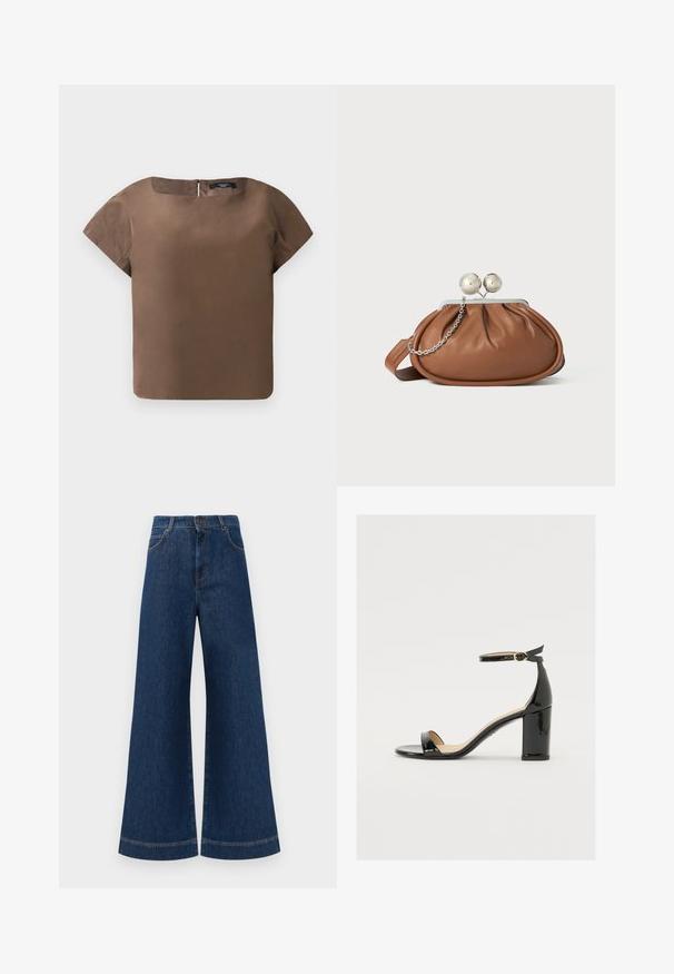 Haut marron à manches courtes avec un col rond et une fermeture éclair dans le dos. Fabriqué dans un tissu lisse, il présente une silhouette propre et carrée, sans motifs.; Jeans en denim bleu à taille haute et jambes larges, avec une fermeture à bouton, des passants de ceinture et des détails de couture subtils le long des poches et des ourlets.; Sandale en cuir verni noir avec un large talon, orteils ouverts et une bride de cheville ornée d'une boucle en or. Texture lisse et design épuré.; Pochette en cuir marron avec un fermoir à boule en argent et un petit détail en chaîne argentée sur fond blanc.