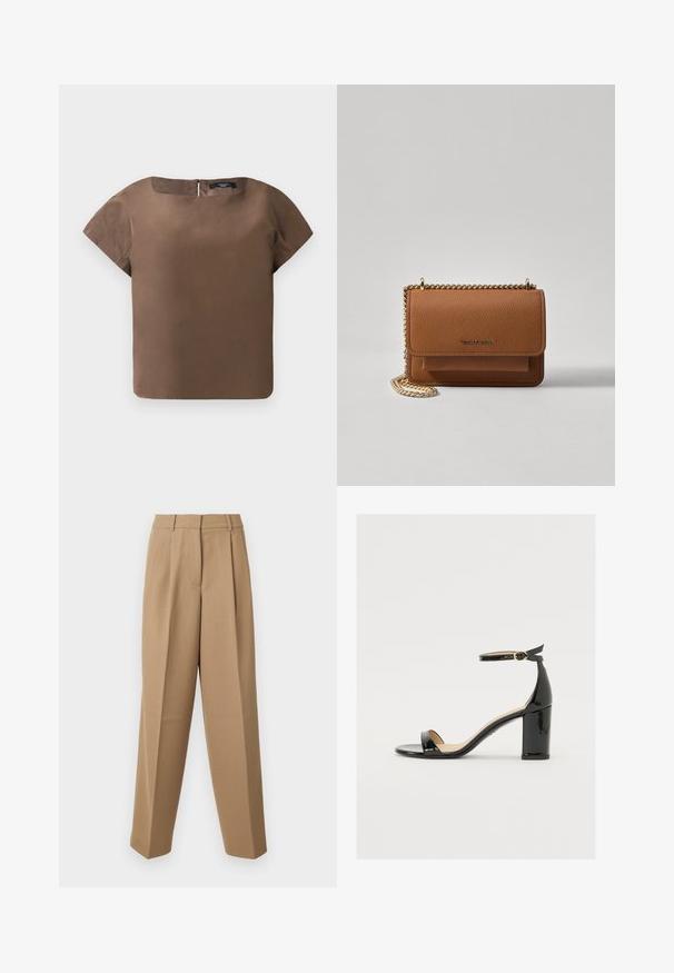 Pruun lühikeste varrukatega topp, millel on ümmargune kaelus ja seljal tõmblukk. Valmistatud siledast kangast, millel on puhas ja kastiline siluett ning ilma mustriteta.; Beige ülihästi istuvad püksid kõrge vöökohtaga, kortsunud esiosas ja laia säärega lõikega. Kanga pind näeb välja sile ja kerge läikega.; Must musta nahk sandaalid laia kanna, avatud varvaste ja ankletihaga, millel on kuldne pandla. Sile tekstuur ja elegantne disain.; Pruun tekstureeritud nahk ristkeha kott kuldse ahelaga rihmaga ja klapiga sulgemine. Esiküljel on logo detail ja tasku klapi all.