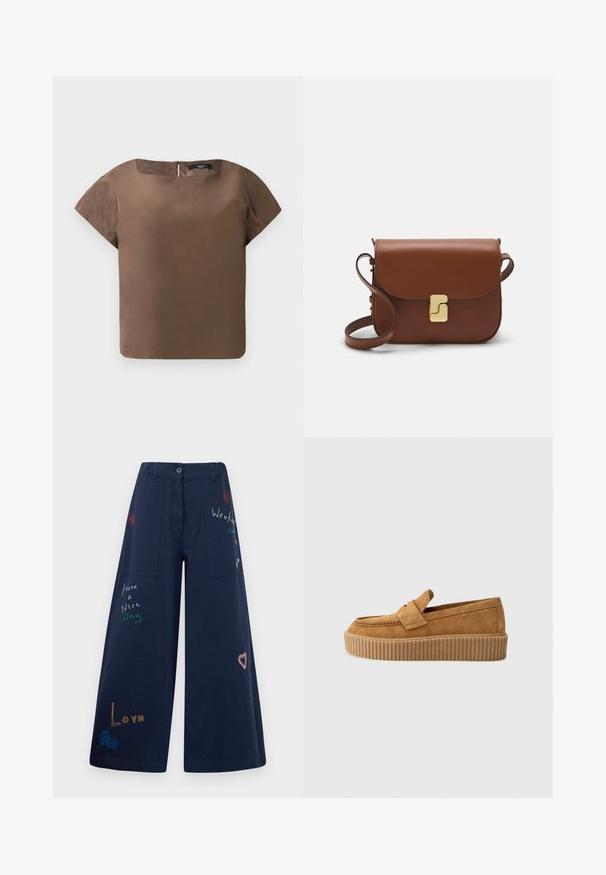 Braunes kurzärmliges Oberteil mit rundem Ausschnitt und Reißverschluss auf der Rückseite. Aus glattem Stoff gefertigt, mit einer klaren, kastenförmigen Silhouette und ohne Muster.; Navyblaue weite Baumwollhosen mit mehreren Taschen. Enthält farbenfrohe gestickte Texte und Grafiken, darunter Herzen und verspielte Phrasen.; Brauner Wildleder-Loafer mit runder Zehenform, ausgestattet mit einer gerippten Plattformsohle und einem dekorativen Riemen über dem Obermaterial.; Braune Ledertasche mit Klappenverschluss, Beschlägen in Goldfarbe, einem Schultergurt und einer glatten Oberfläche. Kompakte rechteckige Form.