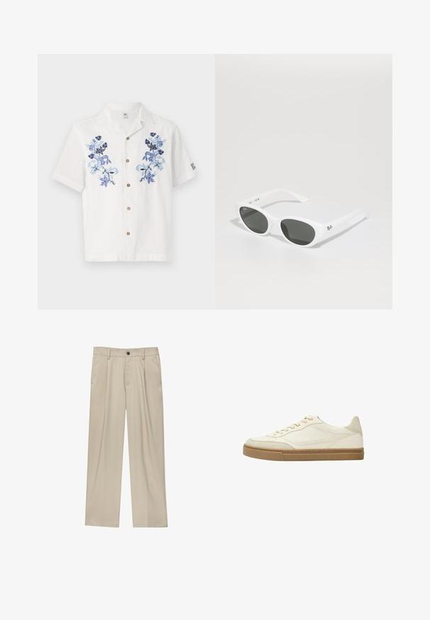 Fehér, rövid ujjú ing kék virágmintás hímzéssel, barna gombokkal elöl, és laza gallér kialakítással.; Beige egyenes szárú nadrág, egy fekete gombbal, övhurkokkal és oldalzsebekkel. Sima szövettextúra és minimális design.; Fehér bőr alacsony szárú sportcipő bézs részletekkel és texturált gumitalpával. Jellemzője a színben harmonizáló varrás és a lekerekített orrforma.; Fehér napszemüveg kerek kerettel és sötét lencsékkel. Simább műanyag felülettel és kis logóval a szárán.