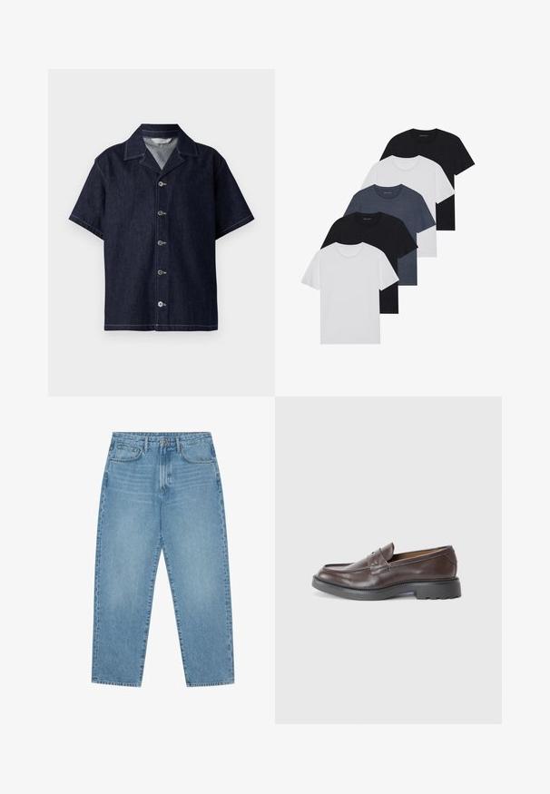 Καθιστό τζην πουκάμισο με κοντό μανίκι σε σκούρο μπλε, διαθέτοντας γιακά με κοπή, κουμπιά μπροστά και αντίθετη λευκή ραφή. Λείο υλικό.; Σύνολο πέντε μπλουζών σε μαύρο, λευκό και ναυτικό μπλε. Βαμβακερό ύφασμα, κοντό μανίκι, σχέδιο με στρογγυλή λαιμόκοψη και απλή υφή χωρίς σχέδια.; Τζιν παντελόνι από ανοιχτό μπλε ντένιμ με ίσια γραμμή, σχεδιασμό με πέντε τσέπες και ελαφρώς ξεβαμμένη υφή. Διαθέτει κλείσιμο με κουμπί και φερμουάρ.; Καφέ δερμάτινοι φλατ με λεία επιφάνεια, στρογγυλή μύτη, ελάχιστες ραφές και παχύ μαύρο λάστιχο. Χωρίς ορατό υλικό ή αξεσουάρ.