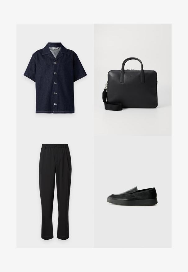 Καθιστό τζην πουκάμισο με κοντό μανίκι σε σκούρο μπλε, διαθέτοντας γιακά με κοπή, κουμπιά μπροστά και αντίθετη λευκή ραφή. Λείο υλικό.; Μαύρο παντελόνι με ελαστική ζώνη, κλείσιμο με κουμπί και ίσια γραμμή. Λείο ύφασμα, χωρίς ορατά σχέδια ή λεπτομέρειες.; Calvin Klein HYBRID CUP - Παπούτσια χωρίς κορδόνια - triple black; Μαύρη δερμάτινη τσάντα εργασίας με υφή, διπλές λαβές, αποσπώμενος ιμάντας ώμου και μπροστινή λεπτομέρεια λογότυπου. Κλείσιμο με φερμουάρ.