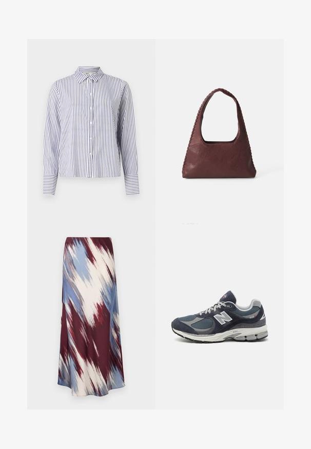 Csíkozott gombos ing gallérral, keskeny kék és fehér függőleges csíkokkal, hosszú ujjak gallér részletezéssel, és rövidített fazonban.; Hosszú szoknya, amelynek átlós, batikolt mintázata bordó, kék és krém színekben készült, puha anyagból, amely áramló sziluettel és enyhe fénylő felülettel rendelkezik.; Új Balance sportcipők sötétkék hálós és velúr felsőrésszel, szürke kiegészítőkkel, fehér logóval, párnázott talppal és texturált részletekkel.; Burgundi bőr kézitáska, háromszög alakú, nyitott tetejű, fonott részletekkel a húzón. Simább tapintású, matt felülettel.