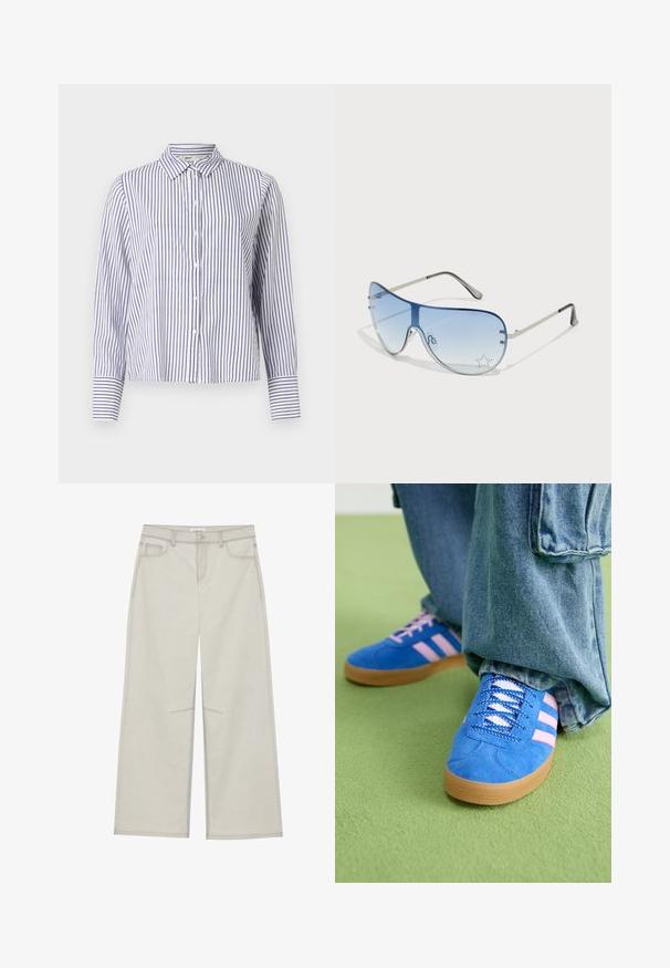 Stripete skjorte med krage, som har smale blå og hvite vertikale striper, lange ermer med mansjettdetaljer, og en cropped design.; Lys grå vide bukser med fem lommer, frontknaplukning og kontrastsying langs sømmene. Stoffet ser blødt og holdbart ud.; Blå skinnsko med rosa striper og hvite lisser, med såle av gummigummi, kombinert med løse denimbukser på et grønt underlag.; Pilotbriller med gradient blå linse, sølvfarget metallramme og dekorative stjerneaksenter på linsen. Glatt og stilren design.
