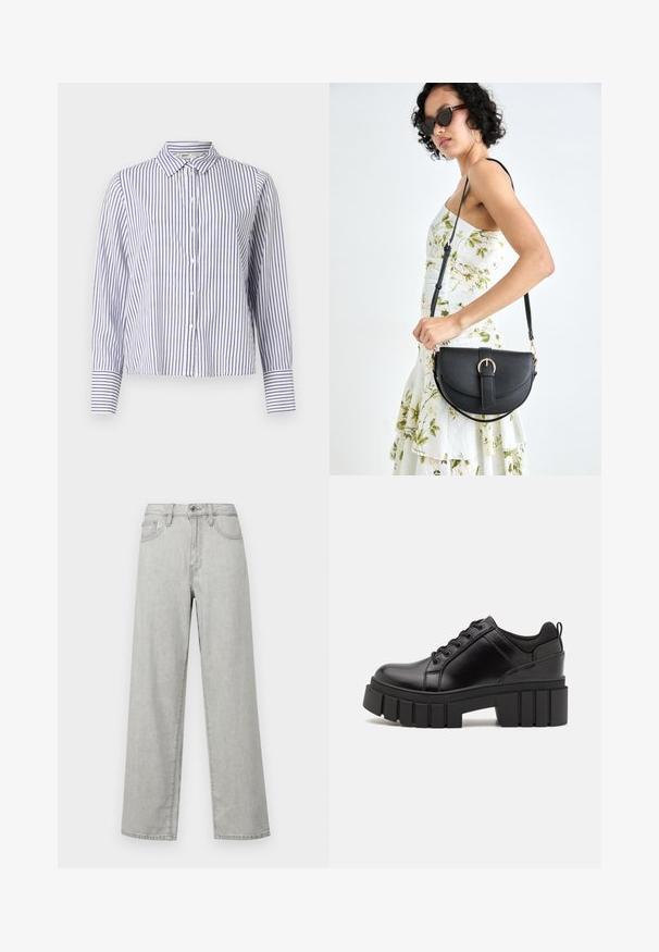 Gestreiftes Hemd mit Kragen, das schmale blaue und weiße vertikale Streifen aufweist, lange Ärmel mit Manschettendetails und ein cropped Design.; Hellgraue, weit geschnittene Jeans aus Denim mit hoher Taille, Fronttaschen und einem Standardverschluss mit Knopf und Reißverschluss.; Schwarze Lederplateauschuhe mit klobigem Blockabsatz, runder Zehenpartie und traditionellem Schnürdesign. Verfügt über eine glatte Textur und minimale Details.; Schwarze Lederhandtasche mit geschwungener Form, abnehmbarem Tragegurt und goldenen Beschlägen. Die Tasche verfügt über einen Deckel mit einer Schnallen-Details.