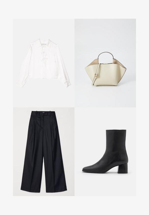 Fehér, hosszú ujjú blúz, galléros nyakkivágással, középen fűzős részlettel, sima anyagból készült. A mandzsetta elasztikus.; Fekete, széles lábú nadrág sima anyagból, magas derekú, pliszékkel és elegáns kialakítással. Egyszerű fekete kiegészítők a dereknál.; Fekete bőr bokacsizma hegyes orral és vastag, négyzet alakú sarokkal. Simább felület, mondanivaló nélküli dizájn és minimalista varrás.; Ree Projects ANN - Kézitáska - beige