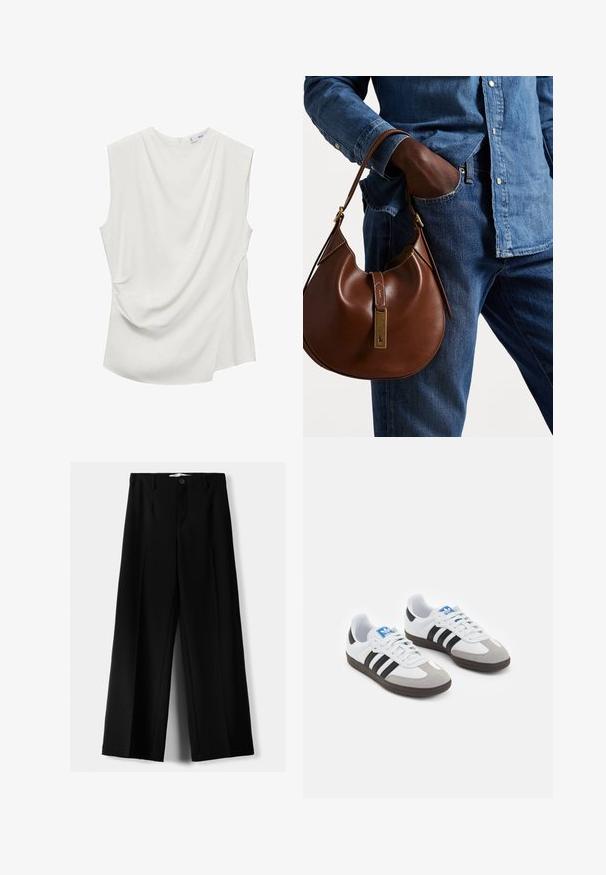 Witte mouwloze top van soepel materiaal, met gedrapeerde details aan de voorkant en een gebogen zoom aan de achterkant.; Zwarte wijde broek van lichtgewicht stof, met een knoopsluiting aan de voorkant en een vlakke achterkant, afgewerkt met keurig gestikte zoom.; Sportschoenen met een witte leren bovenkant, grijze suède neus en drie zwarte strepen. Bevat een blauw logo op de tong en een gestructureerde rubberen zool.; Bruine leren hobo tas met een rondvorm, voorzien van een gouden hardwareaccent en contrasterende stiksels. Gecombineerd met een denim shirt en jeans.