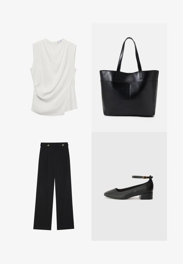 White sleeveless top made of smooth fabric, featuring draped detailing on the front and a curved hemline at the back.; Black wide-leg trousers with high waist, button details on waistband, and front pleats.; Black leather pump with a pointed toe and a low block heel. Features an ankle strap with a gold-tone buckle. Smooth texture.; Black leather tote bag with two long handles, a smooth texture, and a structured shape. Features a front pocket for additional storage.