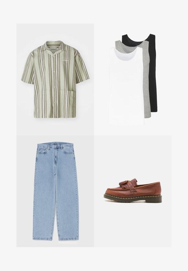 Košeľa s krátkym rukávom v svetlozelené farbe s vertikálnymi pruhmi v tmavozelenej a bielej farbe. Obsahuje dve predné vrecká a klopový golier.; Tričko bez rukávov v bielej, šedej a čiernej farbe. Každé má klasický dizajn bez rukávov, vyrobené z ľahkej bavlnenej tkaniny s rebrovanou textúrou.; Svetlomodré denimové džínsy s rovnými nohavicami, s polovysokým pásom, piatimi vreckami a zapínaním na gombík a zips.; Hnedé kožené mokasíny s cínkovými akcentmi, textúrovaný povrch a kontrastný žltý steh pozdĺž čiernej gumenej podrážky. Bočný pohľad.