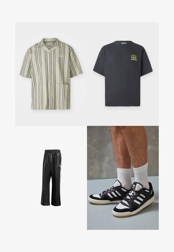 Šviesiai žalia su trumpomis rankovėmis marškinėliai su mygtukais ir vertikaliomis tamsiai žaliomis bei baltomis juostelėmis. Pasižymi dviem priekinių kišenėmis ir apykakle.; Anglies pilkos spalvos Adidas marškinėliai trumpomis rankovėmis su mažu neoninės žalios spalvos grafikų, vaizduojančiu garsiakalbius, saulę ir Adidas logotipą, kairėje krūtinės pusėje.; Juodos sintetinių medžiagų treniruočių kelnės su elastingu juosmeniu, su baltomis šoninėmis juostelėmis ir mažuoju baltu logotipu kairėje klubo pusėje.; Juodos ir baltos sportinės bateliai su zomšiniu ir odiniu viršumi, su trimis baltomis juostelėmis, perforuota koja ir guminėmis padais.