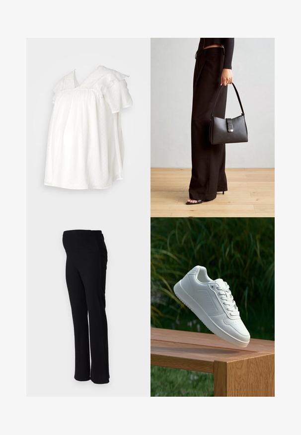 Bela nosečnica s kratkimi nabranimi rokavi, v-izrezom, pikčasto vzorčena in z teksturirano čipko ob izrezu.; ONLY MATERNITY OLMHALLE - Hlače - black; Bela teniska s gladkim sintetičnim zgornjim delom, perforiranim prednjim delom, ravnimi vezalkami in teksturiranim podplatom, prikazana na leseni površini.; Črna torbica z strukturirano obliko, gladko teksturo in kovinskim zaponko. Ujemajo se z širokimi črnimi hlačami in odprtimi sandali na lesenem tleh.