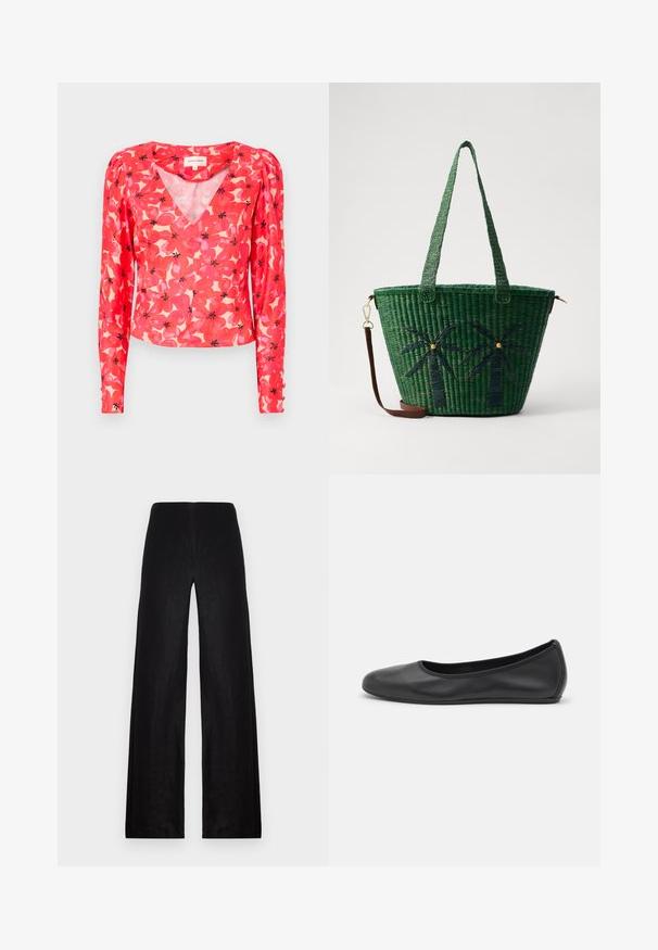 Rød blomstret langærmet blouse med V-hals, prydet med pink og sorte blomster mønstre på en lys baggrund. Fremstillet af let, transparent stof.; Sorte viddebukser lavet af letvægtsstof. Har en høj talje, glat tekstur og rene linjer uden lommer eller udsmykninger.; Sort læderballetsko med rund tå, glat tekstur, minimal syning og et fleksibelt såldesign.; Grøn vævet tote taske med palmetræ designs i mørkere grøn; har to håndtag og en aftagelig brun læderrem.