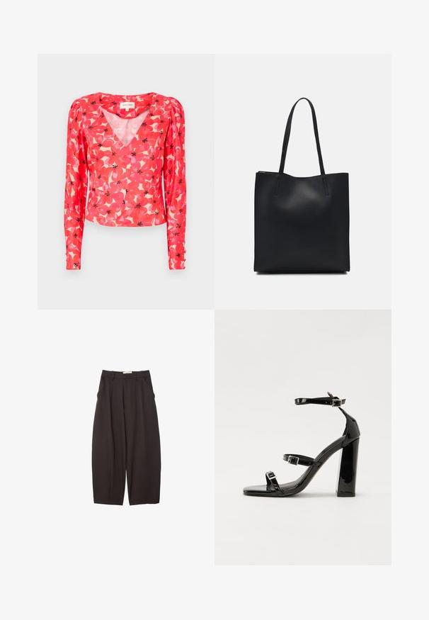 Czerwona bluzka z długim rękawem i dekoltem w serek, ozdobiona różowymi i czarnymi wzorami kwiatów na jasnym tle. Wykonana z lekkiego, przezroczystego materiału.; Czarne spodnie o szerokich nogawkach wykonane z gładkiego materiału, z wysokim stanem, plisami z przodu i bocznymi kieszeniami. Prosty fason bez zdobień.; Czarne lakierowane sandały na obcasie z kwadratowym noskiem, z paskami wokół kostki i srebrnymi klamrami. Posiadają masywny słupek dla stabilności.; Czarna skórzana torba tote o gładkiej fakturze, prostokątnym kształcie i dwóch długich uchwytach. Brak widocznych elementów metalowych i ozdób.