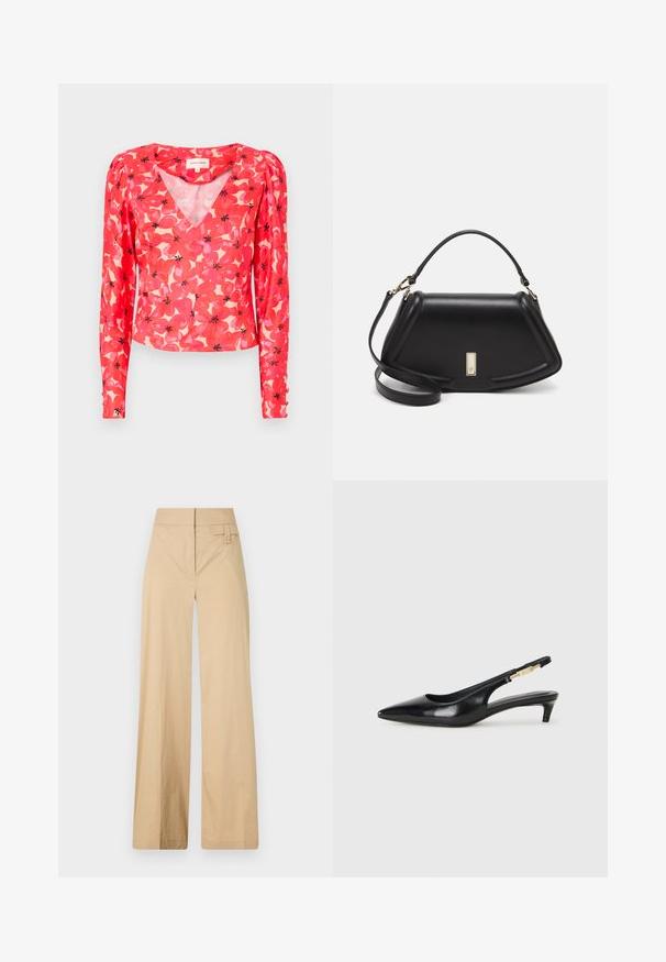 Blusa rossa a maniche lunghe con scollo a V, caratterizzata da motivi floreali rosa e neri su uno sfondo chiaro. Realizzata in tessuto leggero e trasparente.; Pantaloni beige a gamba larga realizzati in tessuto misto cotone. Caratterizzati da una texture liscia, una vita elastica e un dettaglio con bottone laterale.; Tacchi slingback in pelle nera con punta affusolata, caratterizzati da un tacco alto e un accento dorato sulla cinghia regolabile. Texture liscia.; Borsa a mano in pelle nera con un design strutturato, caratterizzata da una forma corta, manico superiore e accessori in metallo dorato. Inclusa tracolla regolabile.