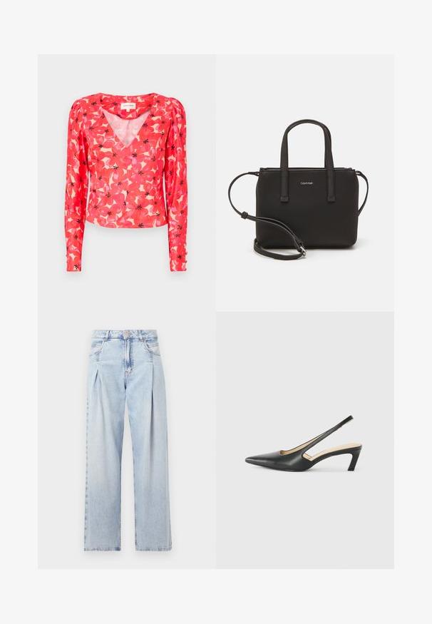 Sarkanais ziedu garām piedurknēm blūze ar V veida kakla izgriezumu, ar rozā un melniem ziedu rakstiem uz gaišā fona. Izgatavota no viegla, caurredzama auduma.; Gaiši zilas džinsu bikses ar augstu jostasvietu, plats kāju griezumu, divām sānu kabatām un krokotā dizaina akcentiem. Mīksta tekstūra ar izdilušu apdari.; Melna, ar smailu purngalu, slingback kurpe ar zemu papēdi, izgatavota no gludas ādas materiāla un ar izgriezumiem sānos gaisa caurlaidībai.; Melns roku soma ar divām īsām rokturiem un noņemamu plecu siksnu. Gluda ādas līdzīga materiāla ar rāvējslēdzēja aizdari un logos detaļu.