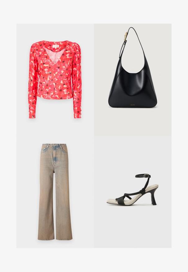 Rød blomstret langærmet blouse med V-hals, prydet med pink og sorte blomster mønstre på en lys baggrund. Fremstillet af let, transparent stof.; Lyse vaskede, vide ben jeans med høj talje, lavet af denim. Har diskret syninger og fem lommer, med en let falmet tekstur.; Sorte hælede sandal med flettet remdesign, firkantet tå og justerbar ankelrem. Lys beige fodseng med en blank sort hæl.; Sort læder skuldertaske med en glat tekstur, buet silhuet og et gyldent hardware accent. Har et præget brandlogo på bunden.