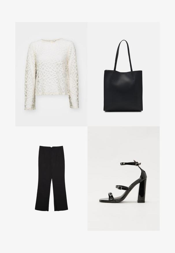 Čipkast zgornji del s dolgimi rokavi v slonokoščeni barvi s krožnimi vzorci, okroglim izrezom in skrajšanim dizajnom. Ima nežno teksturo in rahlo sijaj.; Črne hlače ravnega kroja z naglavnimi žepi in stranskimi razporki na robu. Narejene iz mehke, gladke tkanine. Primerne za različne priložnosti.; Črne lakaste sandale z visokimi petami, z dvema trakovoma z zaponkama, kvadratnim sprednjim delom in masivno širšo peto, z gladko, sijočo teksturo.; Črna usnjena torba s svilnato teksturo, pravokotne oblike in dvema dolgima ročajema. Brez vidnih metalnih delov ali okrasnih elementov.