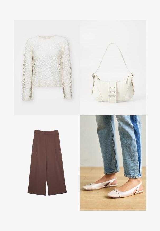 Spitzenoberteil mit langen Ärmeln in Off-White, mit kreisförmigen Mustern, rundem Halsausschnitt und cropped Design. Es zeichnet sich durch eine zarte Textur und einen subtilen Glanz aus.; Braune Weite-Leg-Hosen mit einer glatten Textur, hoher Taille und Vorderfalten. Der Stoff ist leicht und fällt locker.; Blassrosa Slingback-Ballerinas mit spitzem Punkt, aus einem glatten, lederähnlichen Material. Mit Ausschnitten an den Seiten und einem flachen Absatz.; Weiße Schultertasche mit texturierter Oberfläche, zentralem Schnallenakzent und geschwungener Form. Reißverschluss an beiden Seiten.