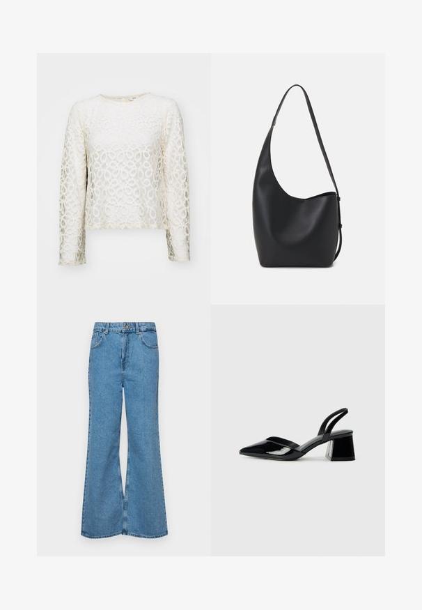 Blonde bluse med lange ærmer i off-white med cirkulære mønstre, rund halsudskæring og en kort model. Den har en delikat tekstur og en subtil glans.; Lysblå flagrende jeans lavet af denim, med høj talje, fem lommer og en enkelt knaplukning. Blød tekstur med en falmet finish.; Sorte patentlæder slingback hæle med spids tå og en geometrisk blok hæl. Har et elegant, minimalistisk design og en glat tekstur.; Sort læder hobo taske med en glat overflade, buet form og en enkelt justerbar rem; har en bred åbning øverst.