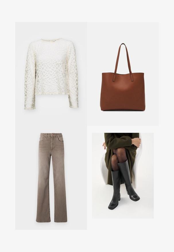 Top in pizzo a maniche lunghe color avorio con motivi circolari, colletto rotondo e design cropped. Presenta una delicata texture e una sottile lucentezza.; Jeans dritti a vita alta marroni con bottone frontale, passanti per cintura e design classico a cinque tasche su sfondo bianco.; Stivali neri in pelle alti fino al ginocchio con punta squadrata e tacco a blocco, mostrati con un modello seduto in un cappotto verde oliva. Texture liscia, dettagli minimi.; Borsa tote in pelle marrone con texture liscia, design con apertura superiore e due spallacci. Presenta cuciture minime e nessun hardware visibile.