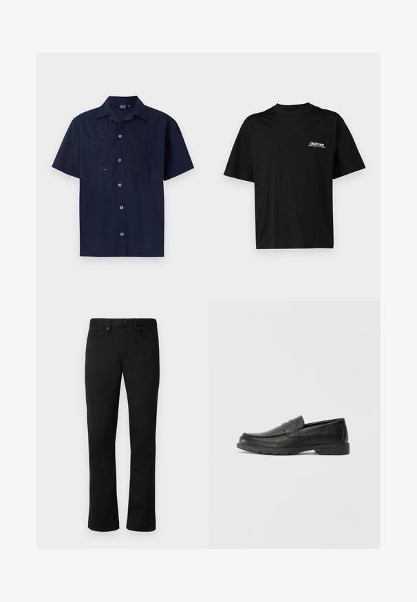 Tumesinine lühikeste varrukatega särk, millel on broderie lilled, nupuga ees ja klassikaline krae. Valmistatud kergetest kangastest.; Must musta T-särk lühikeste varrukatega, ümar kaelus ja valge ja kuldse tekstiga vasakul rinnal trükk, millel on mugav lõige.; Mustadest denimist valmistatud sirge lõikega teksad, viie taskuga disain, kontrastsete õmblustega ja metallist detailidega. Sile pind, klassikaline stiil.; Musthave nahkkingad siledast nahast, mokassiini stiilis ülevalt, tikanditega ja kummist tallaga. Klassikaline disain madala kontsaga.