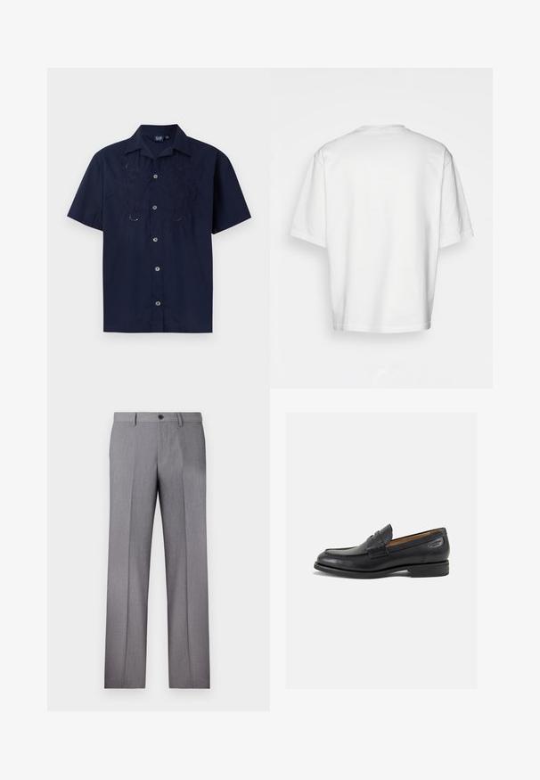 Mornarski kratki rokav s刺urhnisto vezene cvetlične vzorce, z gumbom spredaj in klasičnim ovratnikom. Izdelan iz lahkega blaga.; Bela kratka majica s kratkimi rokavi, ohlapnega kroja, okroglega izreza, gladkega bombažnega materiala, brez okrasitev na hrbtni strani, ravna obroba, brez vzorcev ali naglasov.; Sive prirejene hlače z ravnim sprednjim delom, dvema stranskima žepoma in enojnim gumbom za zapiranje. Gladka tekstura z diskretno črtasto vzorcem.; Črne usnjene loafers cipele z gladko površino, zaobljenim nosom in dekorativnim šivom na vampu. Nizek zloženi peti in rahla sijaj.