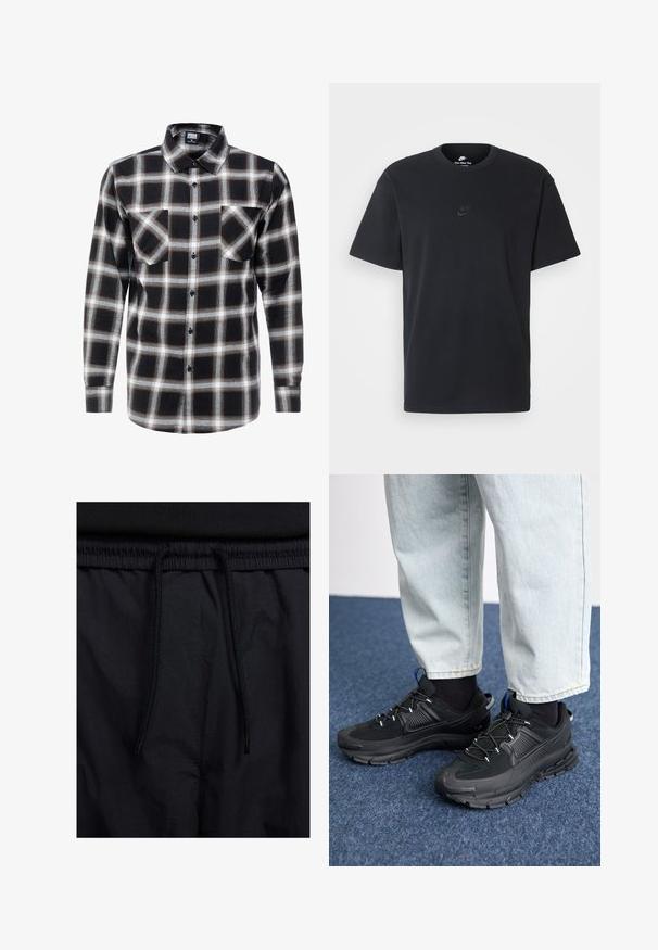 Pitkähihainen ruutupaita mustassa, valkoisessa ja ruskeassa. Varustettu nappikauluksella ja kahdella rintataskulla, joissa on napilliset sulkut.; Nike musta musta T-paita, jossa on klassinen pyöreä kaula-aukko, lyhyet etkä hihat sekä hillitty, kohopainettu logo rinnassa. Silkkinen rakenne.; Mustat shortsit, joissa on naru vyötäröllä, kevyestä kankaasta valmistettu, sileä tekstuuri ja yksinkertainen muotoilu ilman näkyviä logoja tai kuvioita.; Mustat urheilukengät, joissa on teksturoitu kangas ja kumipohjat, elastiset nauhat ja sininen yksityiskohta kannassa. Yhdistetty vaaleisiin farkkuihin.