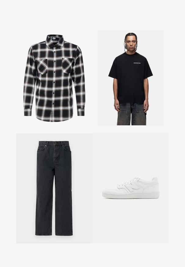 Camicia a maniche lunghe a quadri in nero, bianco e marrone. Presenta un colletto con bottoni e due tasche sul petto con chiusure a bottone.; T-shirt in cotone nero con vestibilità ampia, scollo rotondo e maniche corte. Presenta il testo bianco "GOODFOR NOTHING" sul petto.; Pantaloni in denim blu scuro con gamba ampia, design a cinque tasche e chiusura con bottone. Include dettagli in tonalità rame e una texture sottile.; Sneaker bianco realizzato in pelle liscia, con punta perforata, suola in gomma testurizzata, lacci piatti e un prominente logo 'N' sul lato.