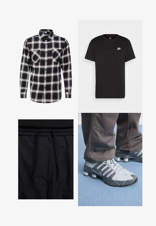 Långärmad rutig skjorta i svart, vitt och brunt. Har en knapp-up krage och två bröstfickor med knäppning.; Svart bomullströja med korta ärmar, rund hals och en liten vit Nike-logotyp på övre vänstra bröstet. Slät textur. Klassisk passform.; Svarta shorts med dragsko i midjan, lättviktig tyg med en slät yta och en enkel design utan synliga logotyper eller mönster.; Grå och silver Nike Shox-sneakers har en elegant design, med mesh och syntetiska material, en rund tå och en vadderad krage.