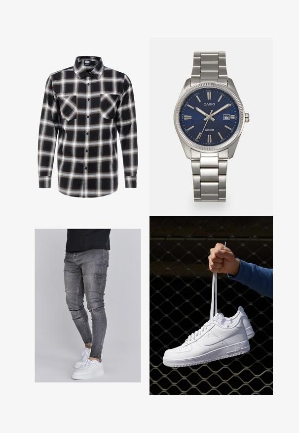 Camicia a maniche lunghe a quadri in nero, bianco e marrone. Presenta un colletto con bottoni e due tasche sul petto con chiusure a bottone.; Jeans skinny in denim grigio sbiadito, con dettagli strappati sulle ginocchia, abbinati a sneakers bianche. Texture liscia, design slim fit.; Sneakers in pelle bianca con perforazioni, punta rotonda, suola piatta e lacci spessi, con logo swoosh visibile e "AIR" sul tallone.; Orologio da polso in acciaio inossidabile argento con quadrante blu navy, indici metallici e finestra della data alle 3. Resistente all'acqua fino a 50 metri.